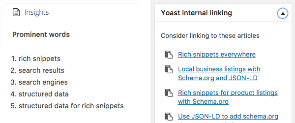 Screenshot of Yoast internal linking suggestions