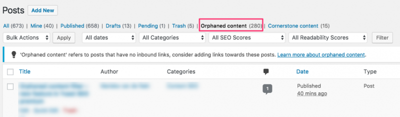 Screenshot of orphaned content detected in WordPress using Yoast