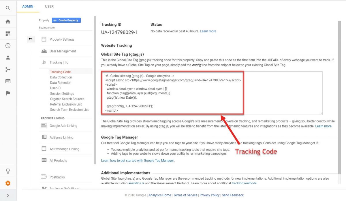 Screenshot of Google Analytics tracking code