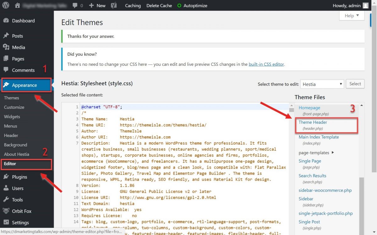 Screenshot of WP dashboard section where you can insert Google Analytics tracking code