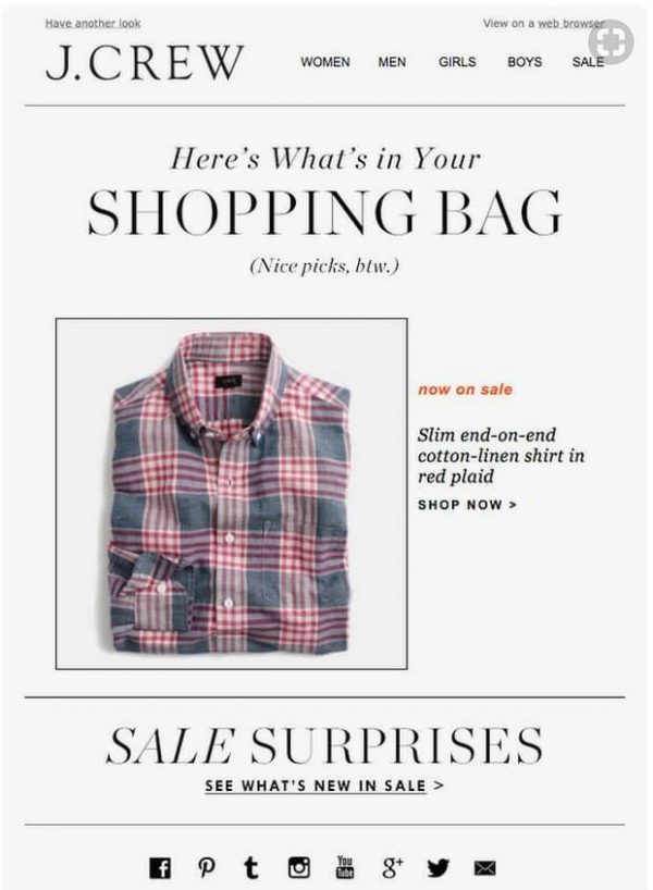 Abandoned cart email by Jcrew 