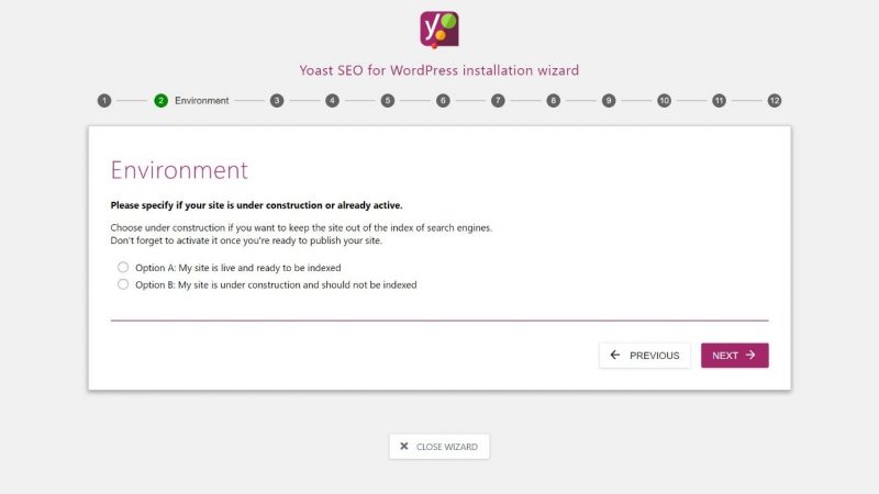 Screenshot of #2 step in Yoast configuration - pick your environment