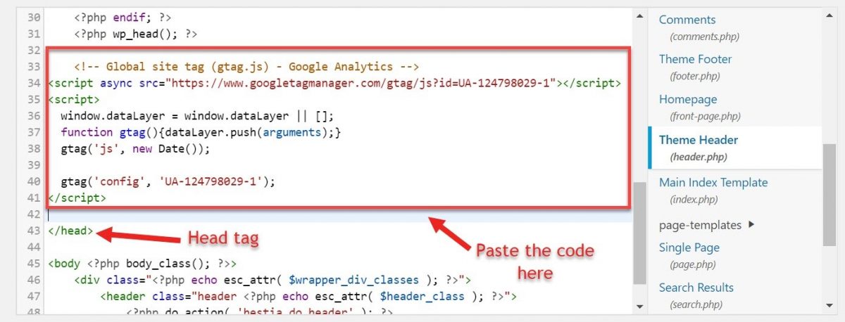 Screenshot of how to correctly insert GA tracking code in the head tag