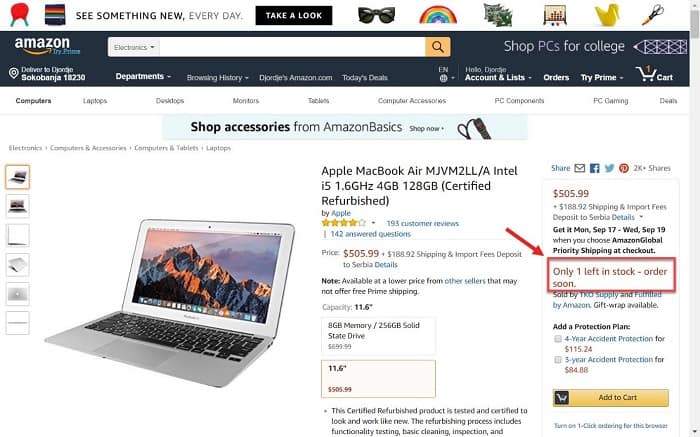 Screenshot of Amazon's product page indicating there's only one more item left in stock to trigger scarcity