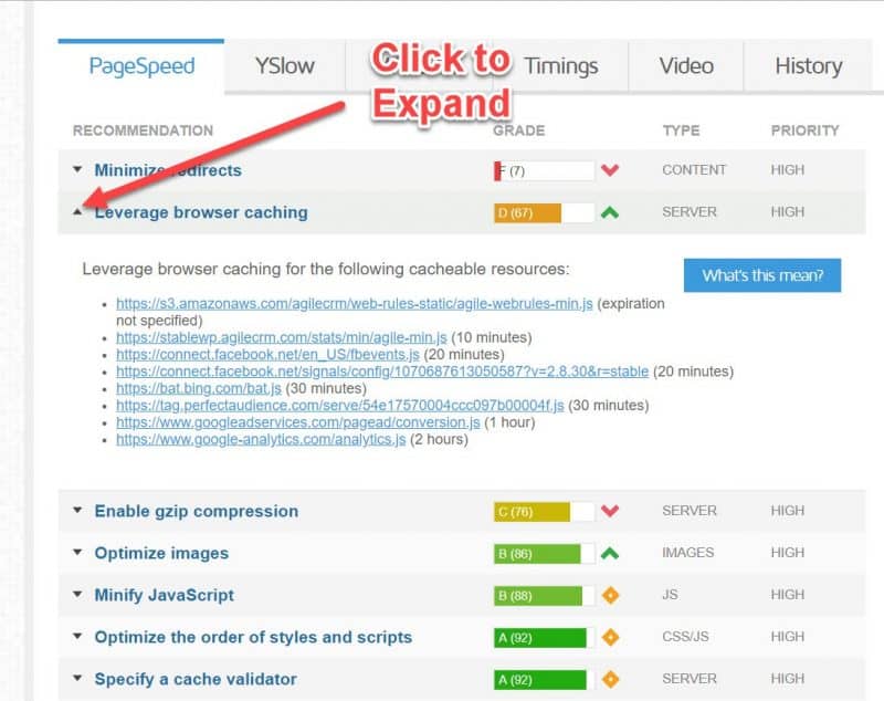 Click to expand each speed recommendation in GTmetrix 