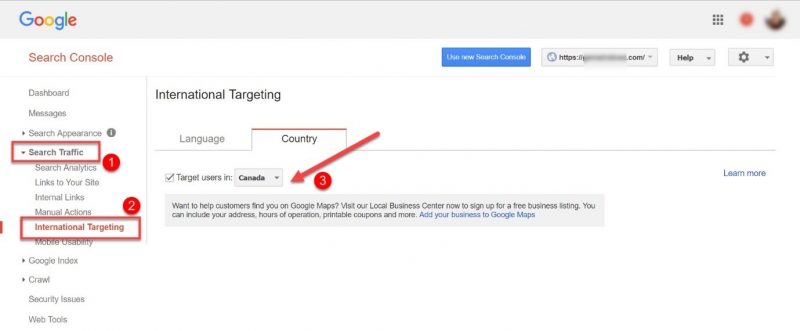 Screenshot of GSC international targeting option