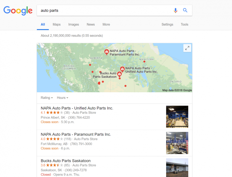 Screenshot of a local search for 