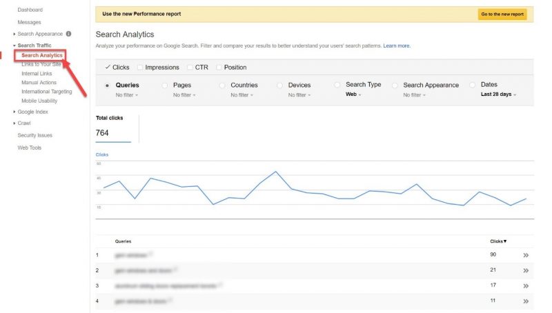 Screenshot of old version of search analytics in GSC