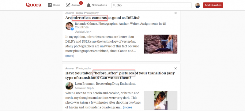 Screenshot of Quora questions posted 