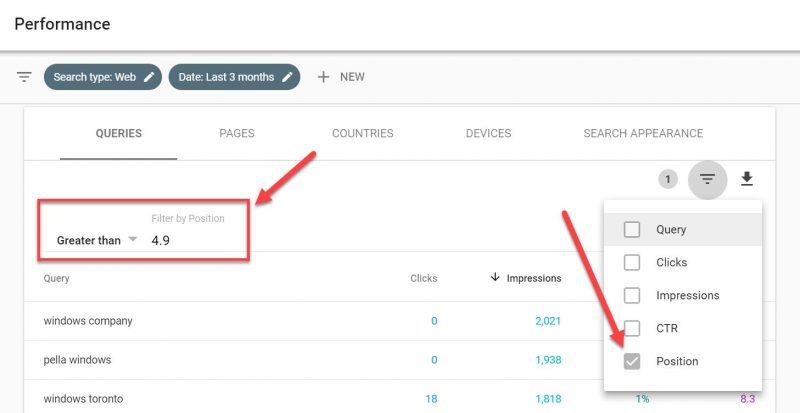 Screenshot of how to Set a position filter in GSC