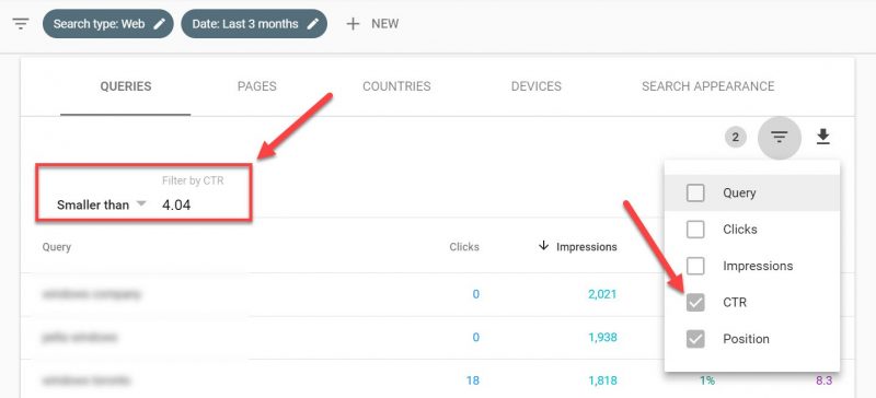 Screenshot of how to Set a CTR filter in GSC