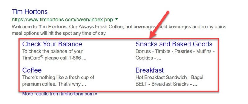 Sitelinks in Google SERP