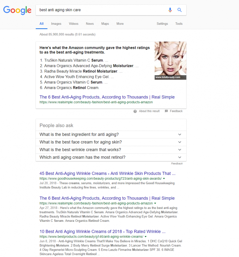 Screenshot of a new Google SERP showing rich snippets