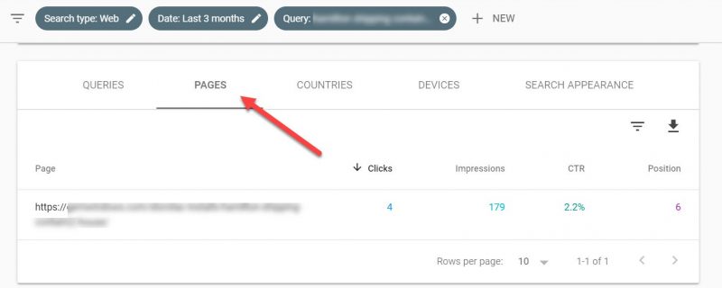 Screenshot of how to find underperforrming pages in GSC