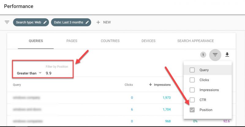 Screenshot of how to set a position filter in GSC