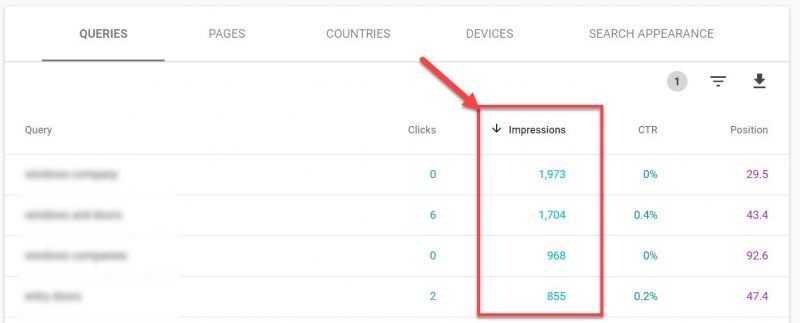 Screenshot of how to Sort results by impressions in GSC