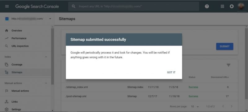 Screenshot of a Sitemap submitted successfully screen in GSC