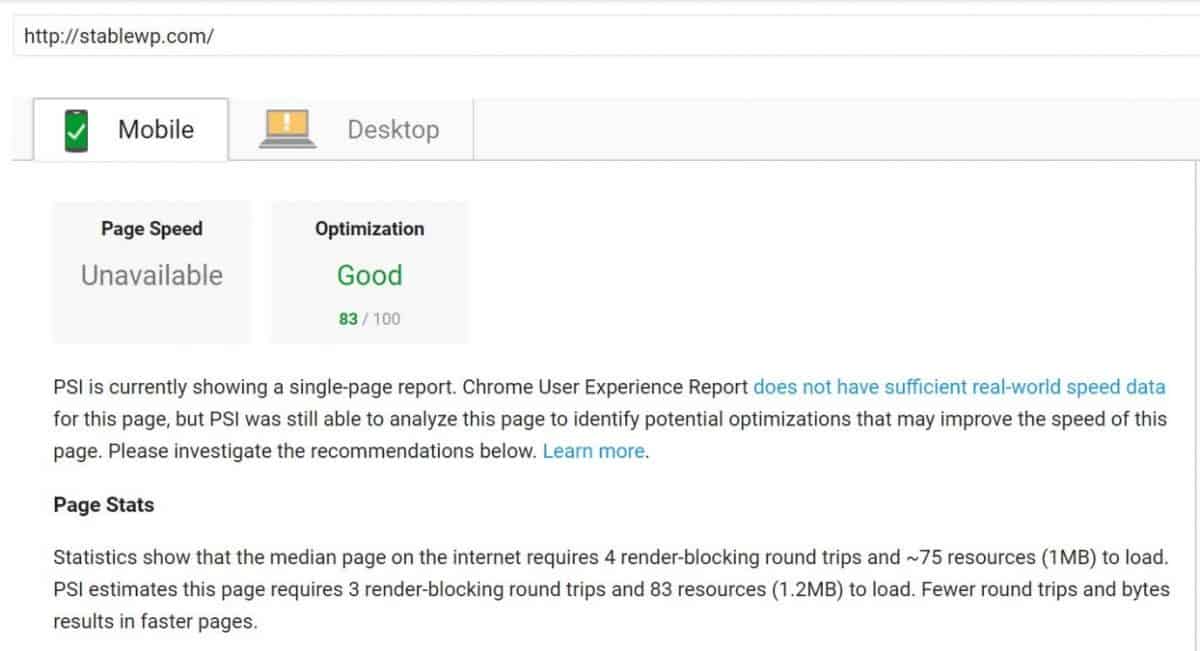 Google Page Speed Insights report 