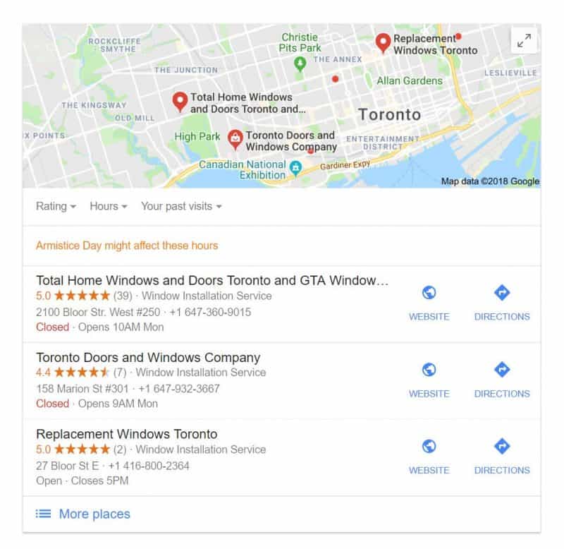 Screenshot of a local 3-pack in Google