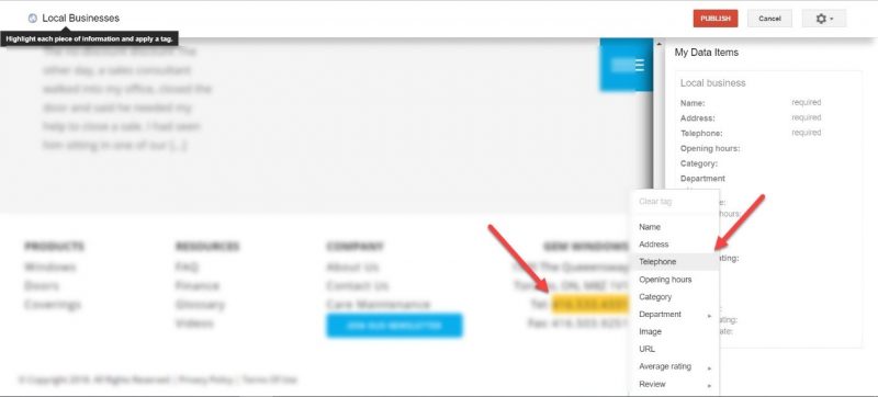 Screenshot of how to Highlight structured data on your pages