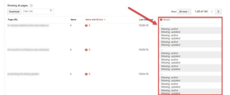 Screenshot of structured data errors in GSC