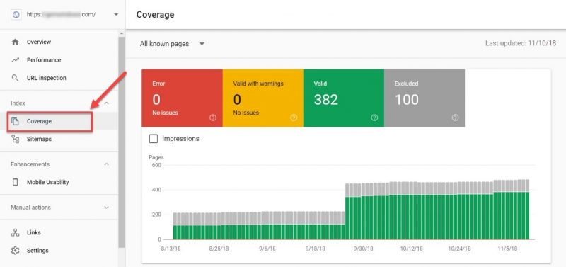 Screenshot of the new GSC index Coverage report