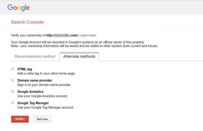 Screenshot of alternate methods of verification in GSC