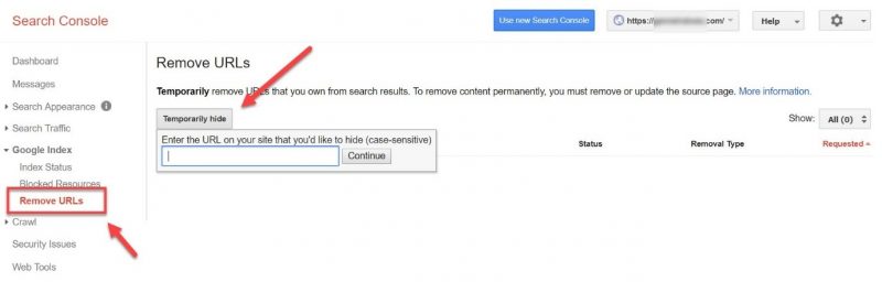 How to Temporarily remove URL from Google's index GSC
