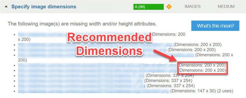 Suggested image dimensions in GTmetrix 