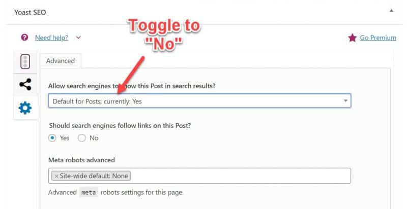 Screenshot of how to tag pages noindex in Yoast SEO plugin