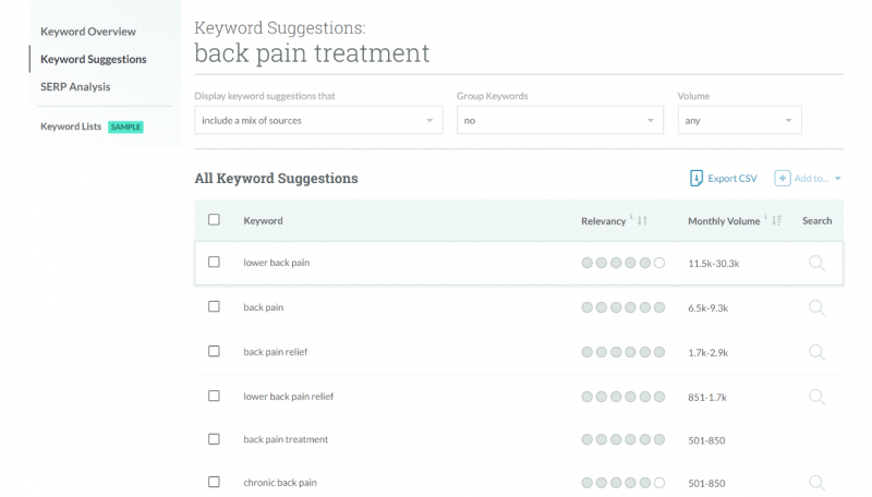 Screenshot of Keyword suggestions in MOZ