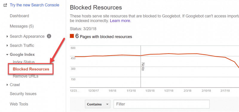 Screenshot of how to Check Blocked Resources report in GSC
