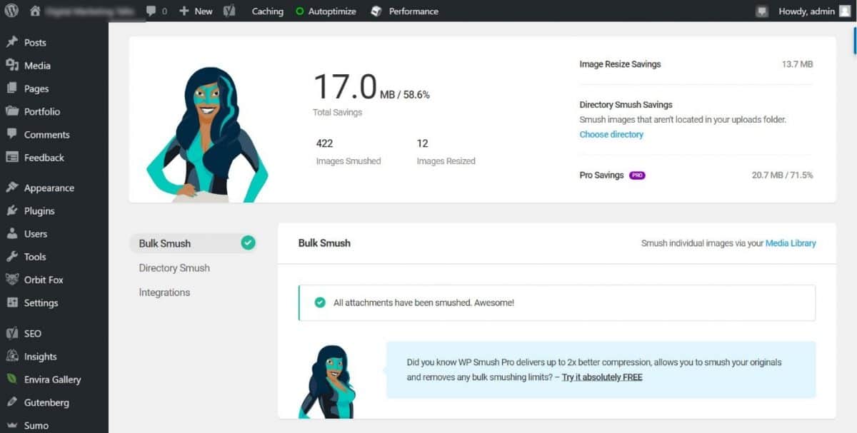 WP Smush plugin in WordPress dashboard 