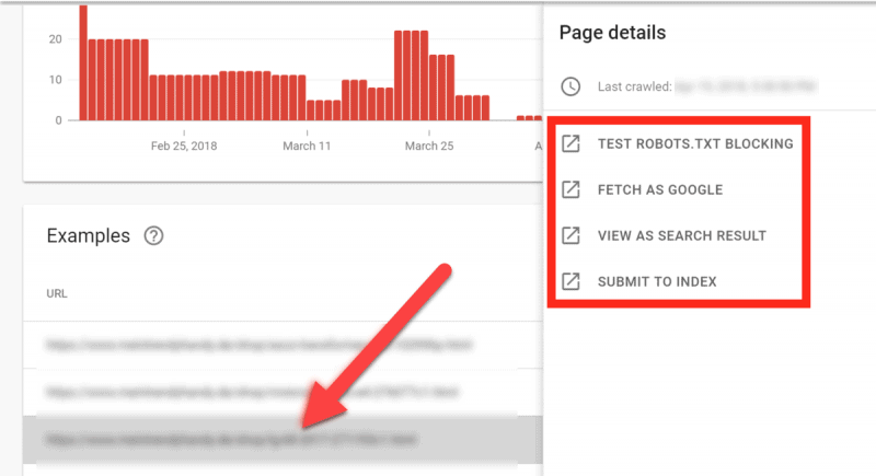 Screenshot of how to check page details for each indexation error in GSC