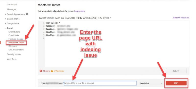 Screenshot of how to test your robots.txt filed for indexing issues