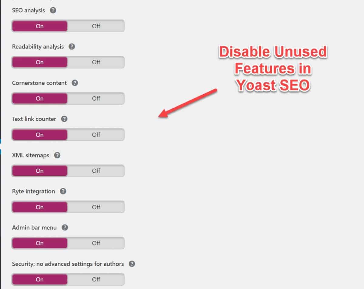 Disable unused features in Yoast SEO plugin