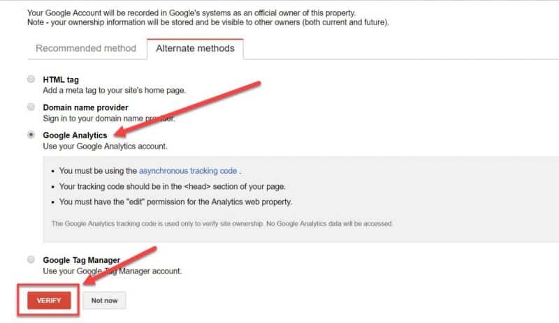 Screenshot of Google Analytics verification method in Google Search Console