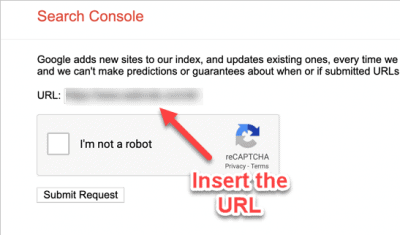 Screenshot of how to submit a URL for indexing in GSC