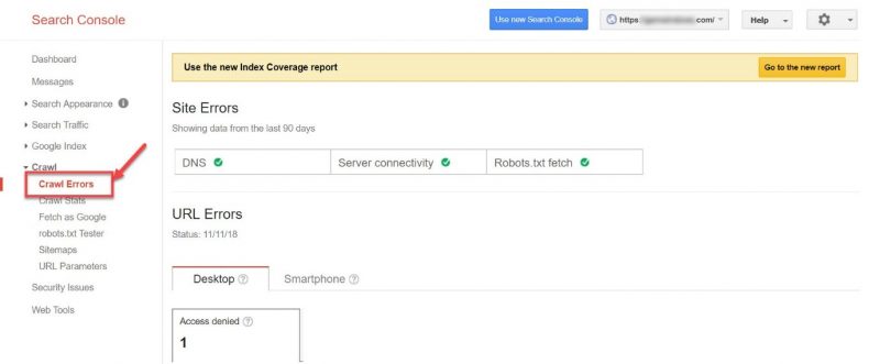 Screenshot of the crawl errors report in GSC