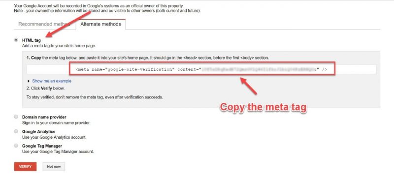 Screenshot of GSC verification with an HTML tag