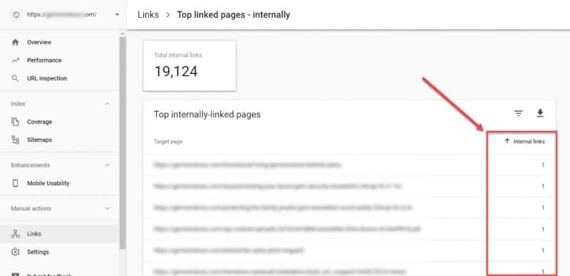 Screenshot of how to Check which pages have the least internal links in GSC