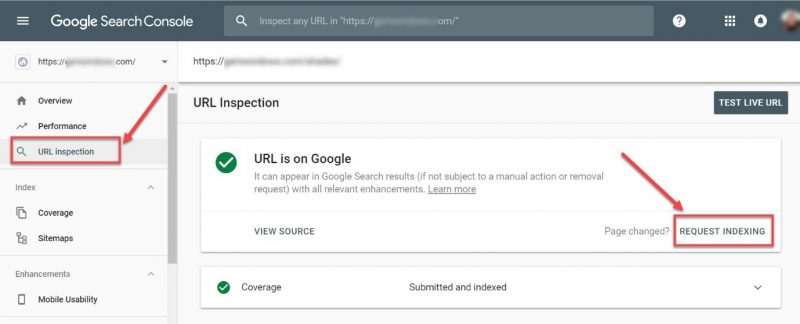 Screenshot of how to request indexing of new pages using the URL inspection tool in GSC