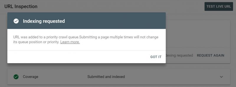Screenshot of the indexing requested message in GSC