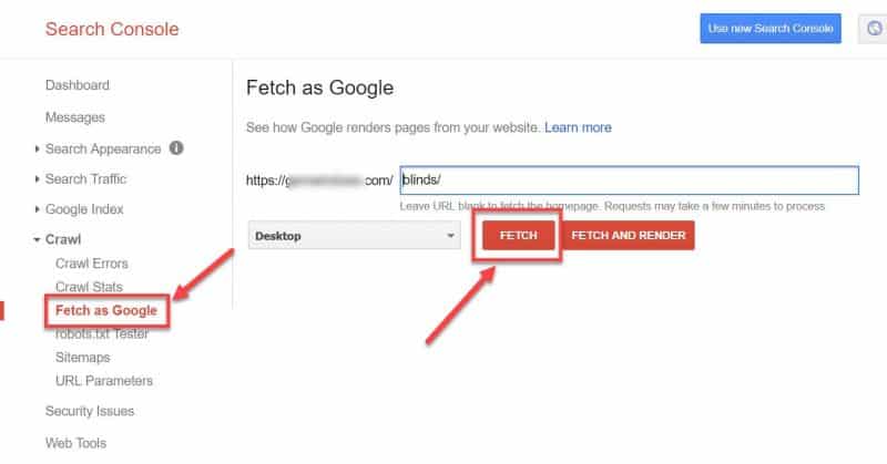 Screenshot of how to Request indexing in the old GSC