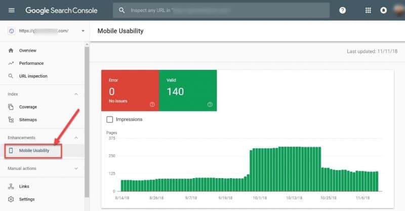Screenshot of the mobile usability report in GSC