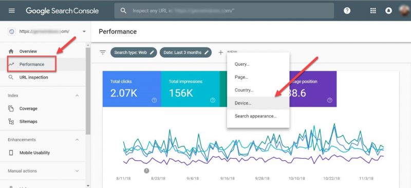 Screenshot of how to compare search performance across devices in GSC