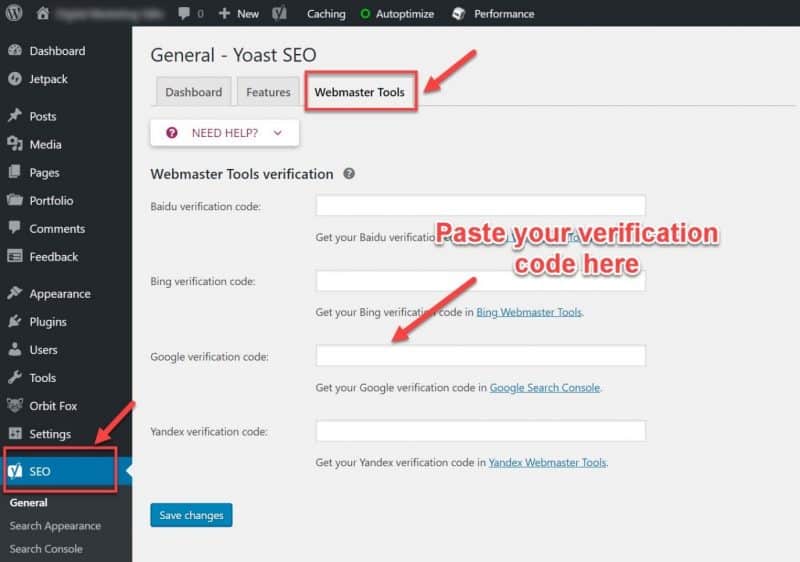 Screenshot of how to integrate GSC with Yoast SEO plugin