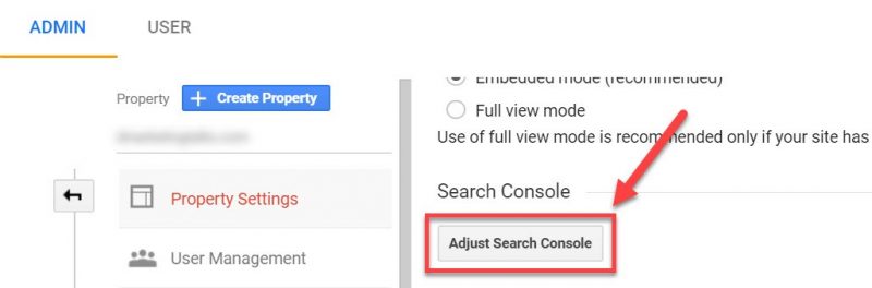 Screenshot of where to click to adjust Search Console in Google Analytics