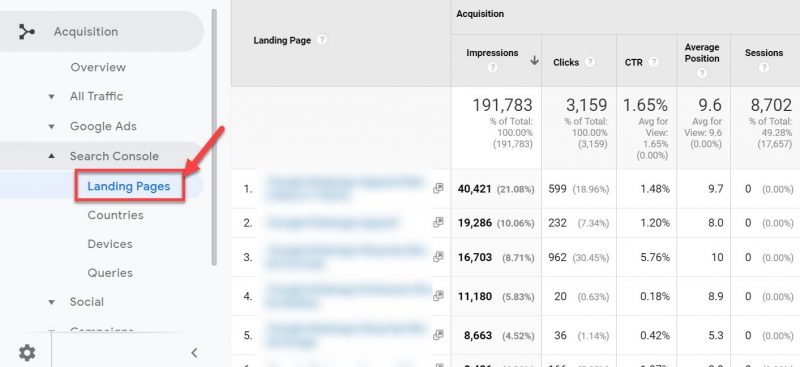 Screenshot of how to check your landing page performance in Google Analytics