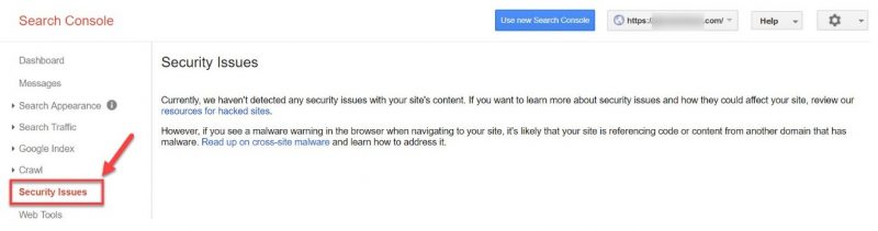 Screenshot of how to check for security issues in GSC